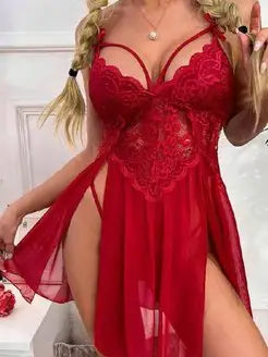 Seductive Thin Style G-String Lace Lingerie Set with Ruffle Trim & Deep V Slip Dress