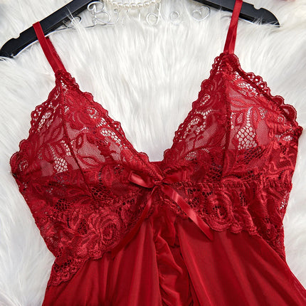 Seductive Thin Style G-String Lace Lingerie Set with Ruffle Trim & Deep V Slip Dress