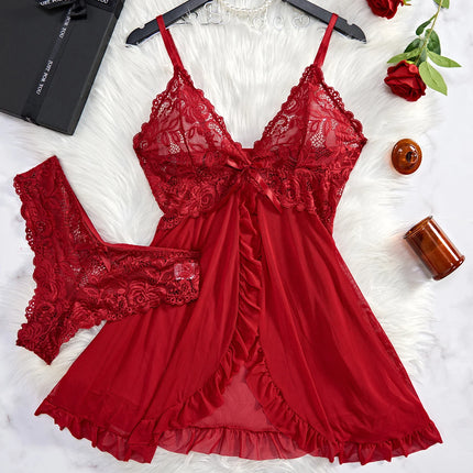 Seductive Thin Style G-String Lace Lingerie Set with Ruffle Trim & Deep V Slip Dress